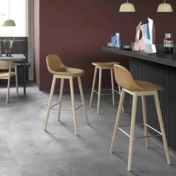 Fiber Barhocker mit Rückenlehne Holzgestell Leder