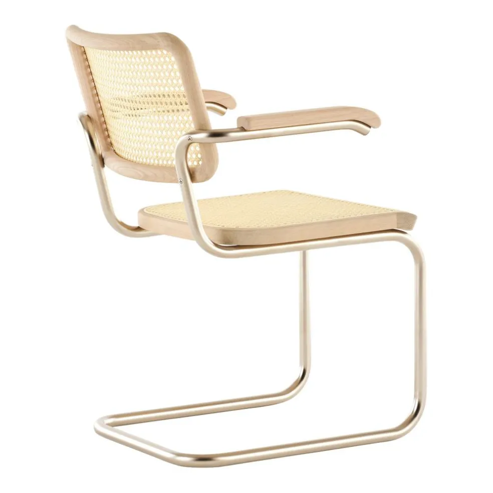 JS. THONET a personal Interpretation by Jil Sander S 64 V Nordic Freischwinger Armlehnstuhl mit Rohrgeflecht