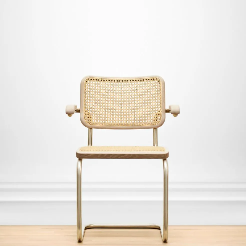 JS. THONET a personal Interpretation by Jil Sander S 64 V Nordic Freischwinger Armlehnstuhl mit Rohrgeflecht