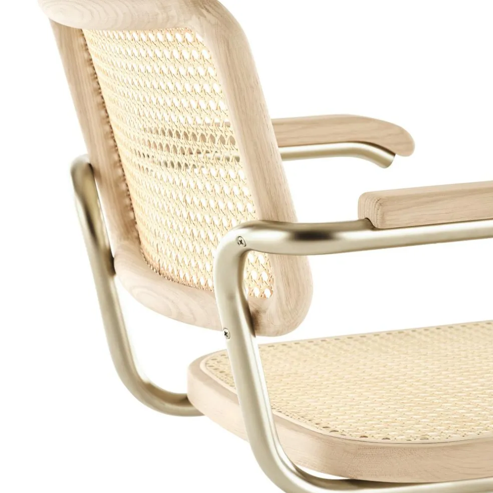 JS. THONET a personal Interpretation by Jil Sander S 64 V Nordic Freischwinger Armlehnstuhl mit Rohrgeflecht