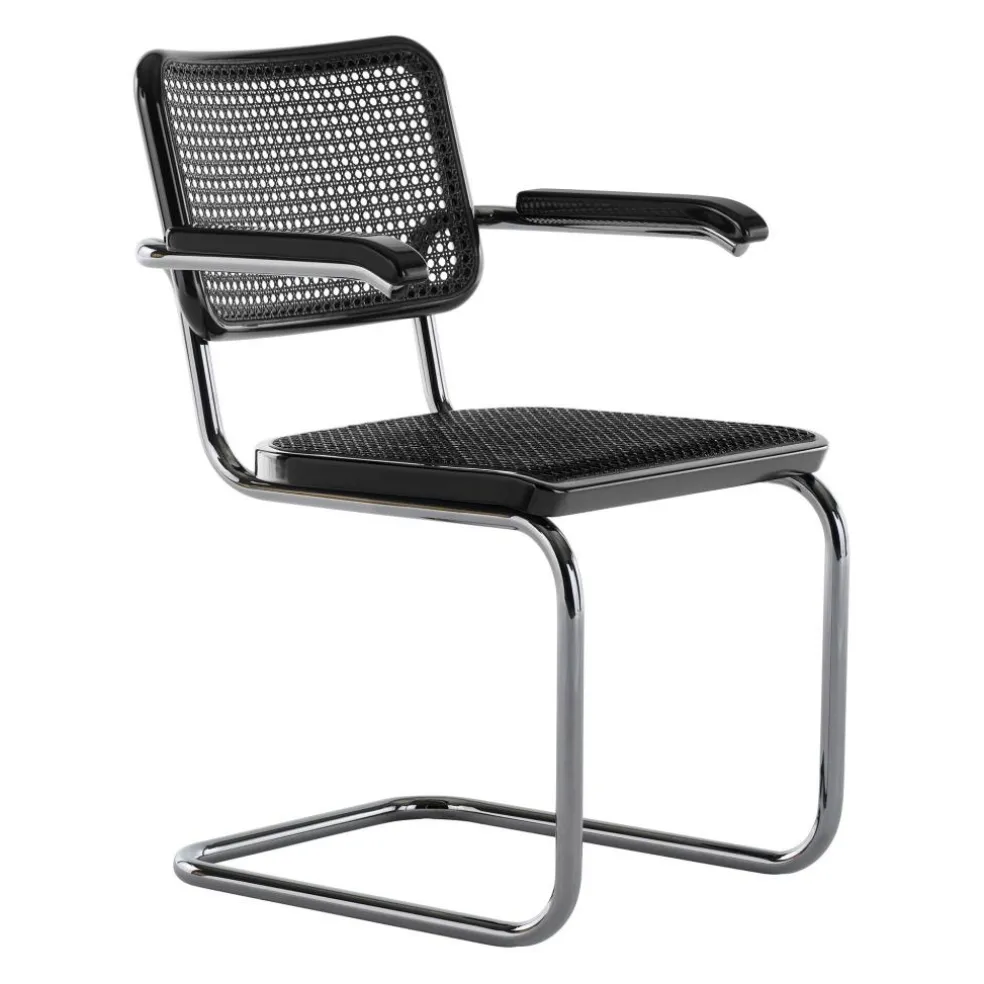 JS. THONET a personal Interpretation by Jil Sander S 64 V Serious Freischwinger Armlehnstuhl mit Rohrgeflecht