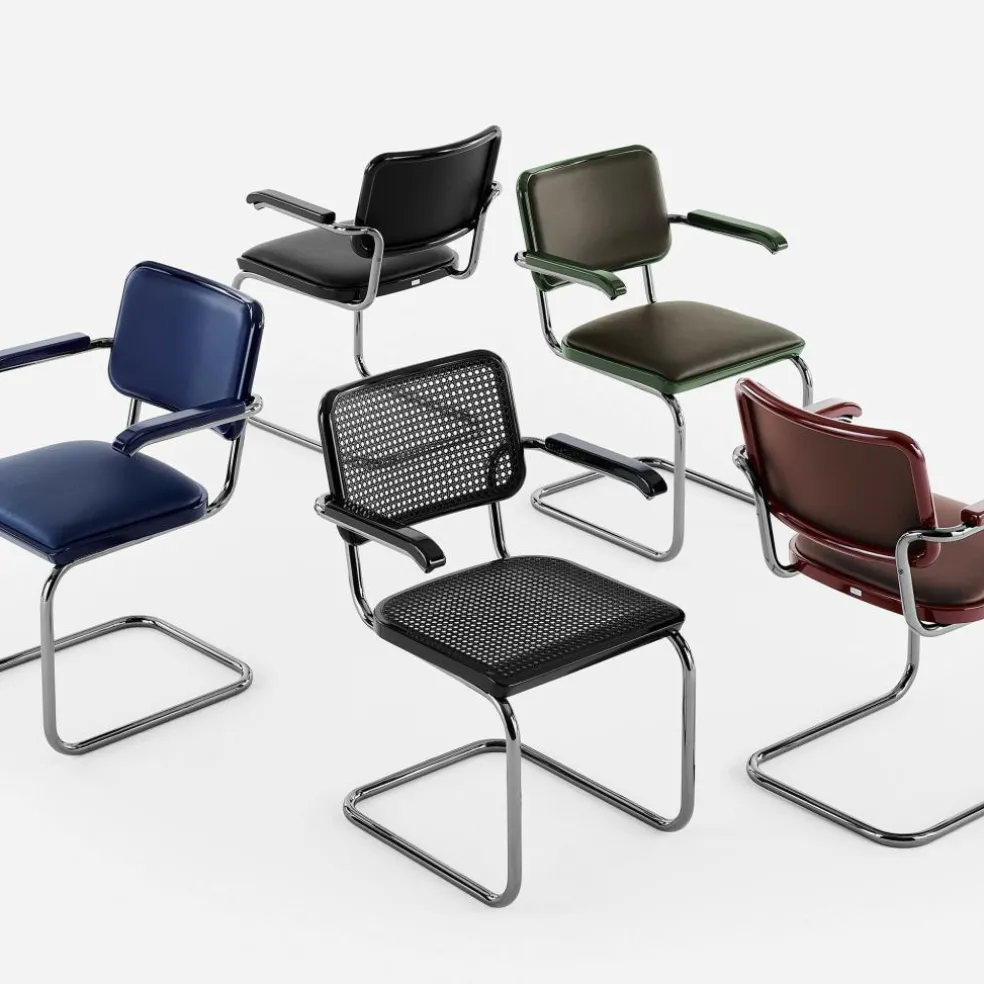 JS. THONET a personal Interpretation by Jil Sander S 64 V Serious Freischwinger Armlehnstuhl mit Rohrgeflecht