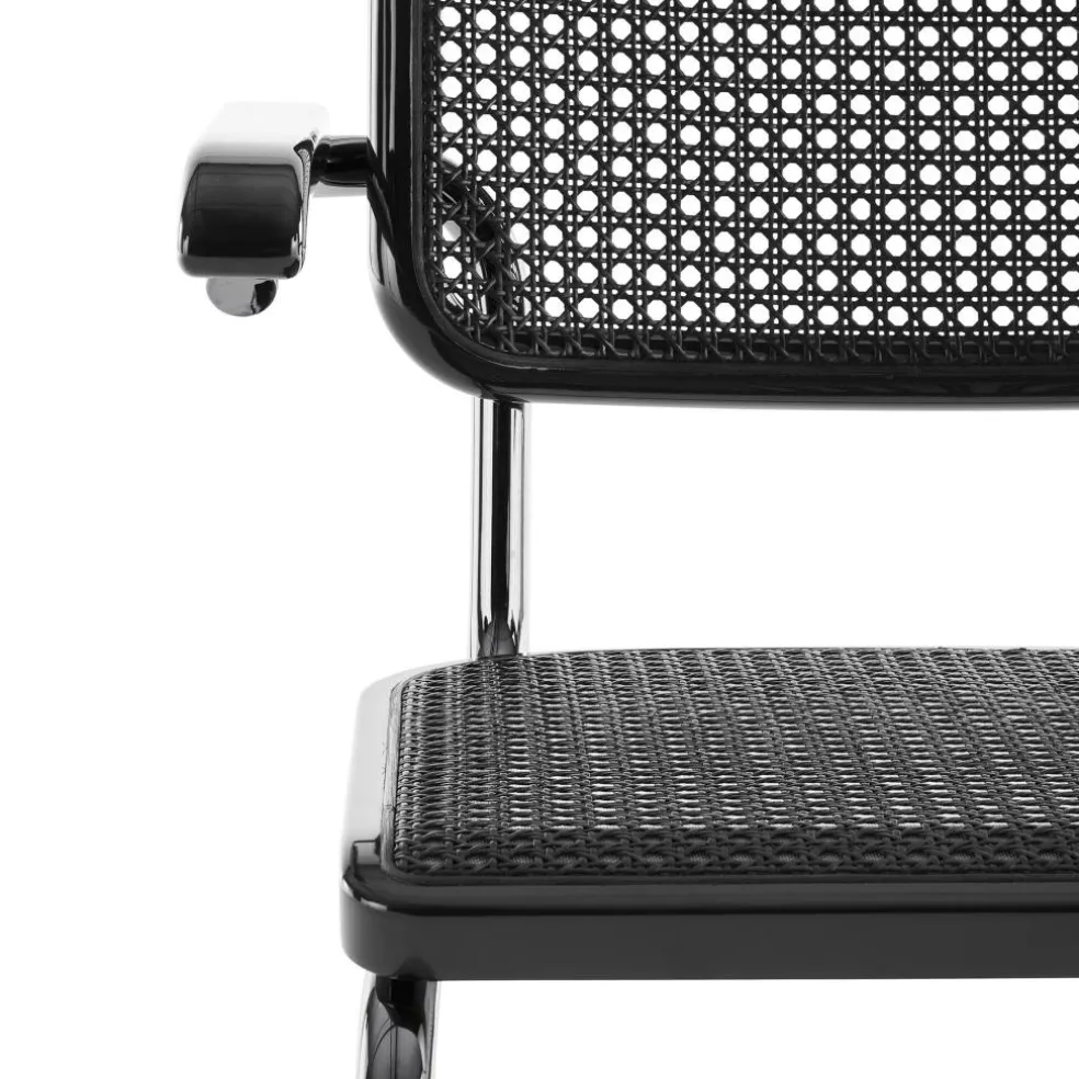 JS. THONET a personal Interpretation by Jil Sander S 64 V Serious Freischwinger Armlehnstuhl mit Rohrgeflecht